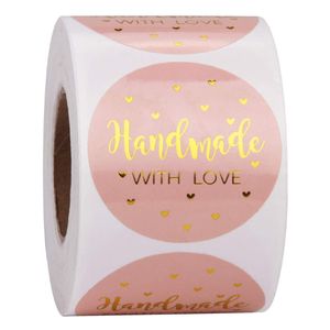 500 Stück 25 mm „Handmade With Love“-Kraftpapier-Aufkleber, rosa, runde Klebeetiketten, Backen, Hochzeit, Party, Dekoration, Aufkleber