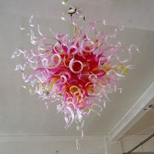 European Style Hand Blown Chandeliers Lighting 28 Inches Lamps Pink Clear Amber Flower Design LED Art Glass Pendant Lights for Living Room Wedding Home Decoration