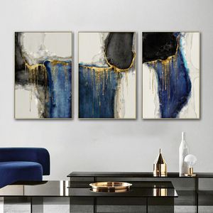 Abstrato azul dourado cartazes e impressões Pintura de lona Fotos de arte de parede para sala de estar Quadros Nordic Black Home Decor