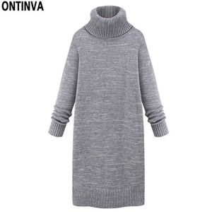 Lady Turleneck Gray Long Sweater XL Fashion Woman Knitted Thick Pullovers Spring Winter Solid Dress Design Jumper 210527