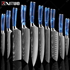 XITUO Mutfak Bıçakları Seti Nefis Mavi Reçine Kolu Lazer Şam Desen Şef Bıçak Santoku Cleaver Dilimleme Bıçakları En Iyi Hediye