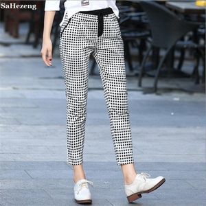 Хорошее качество летние хлопчатобумажные клетчатые брюки женские 2021 мода женские брюки тонкие высокие талии стрейч OL рабочие панталон Mujer P48-1 Q0801
