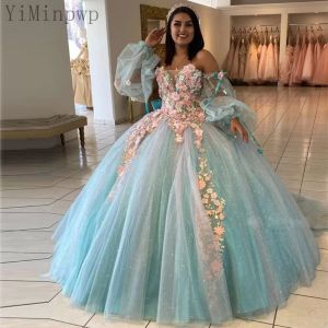 ゴージャスなQuinceaneraは肩から離れたドレスチュール3Dフローラルアップリケフラワーズレースアップフロアの長さキラキラしたスパンコリースパンコール16バースデーページェントボールガウンベスティドス401