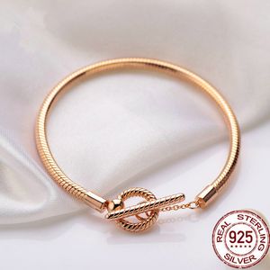 2021 Rose Gold Color Bracelet 925 Sterling Silver Moments Pink Fan Clasp Snake Chain Fit Pandora Charm Women Gift