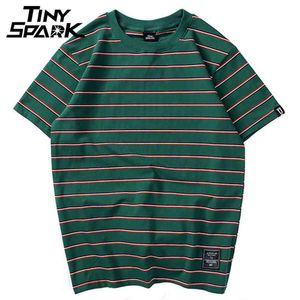 Harajuku Stripe T Shirt Men Casual T-shirt z krótkim rękawem Summer Hip Hop Tshirt Streetwear Topy Tees Black White Green 210707