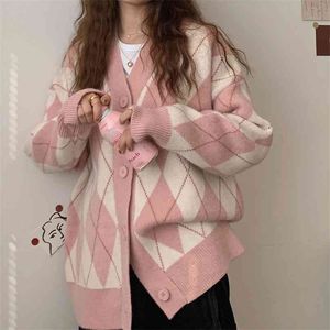 Argyle Cardigan Women Knitted Sweater Loose Single Breasted Students V-neck Lovely Knitwear Korean Oversize Cardigan Winter Tops 210918