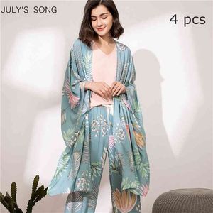 JULY'S SONG 4 Pieces Floral Printed Pajamas Sets Soft Autumn Winter Women Sleepwear With Shorts Female Leisure Nightwear Suit 210830