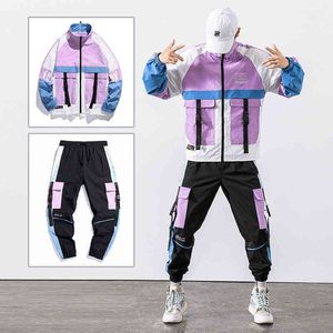 2021 Hip Hop Workwear Kurtka męska Dres Kurtka + Spodnie 2 pc Zestawy Baseball Loose Zipper Wstążki Płaszcz Długie Spodnie Męskie Odzież G1217