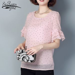 Damen Chiffonbluse Kurzarm Plus Size 4XL 5XL Polka Dot Dünn Top Freizeithemd Femme Kleidung Rosa Weiß 4010 50 210427