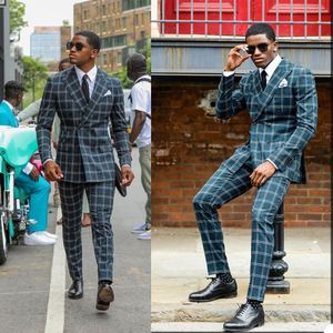 Handsome Plaid Mens Tuxedos Groom Wear Double Breasted Wedding Blazer Suits Formal Business Prom Pants (Jacket+Pants)