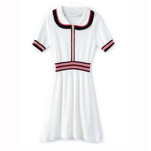 Kobiety Biały Czarny Peter Pan Kołnierz Dzianiny Hollow Out Button Krótki Rękaw Mini Dress Hit Kolor Lato D2681 210514