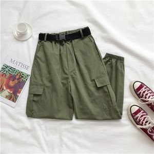 Damskie Streetwear Cargo Palazzo Spodnie Kobiety Czarny Biały Khaki Army Green Hip Hop Spodnie dla kobiet Luźne spodnie dresowe z pasem Q0801