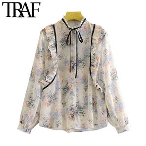 Women Fashion With Ruffle Trims Print Chiffon Blouses Vintage Long Sleeve Button-up Female Shirts Chic Tops 210507