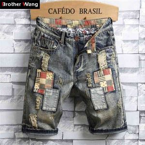 Pantaloncini di jeans strappati stile retrò da uomo di marca Moda estiva Casual Hole Patch Jean Abbigliamento maschile 210806