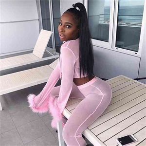 Sexy V Neck Mesh Tracksuit Dois Pedações Conjuntos Mulheres Crop Top e Calças Outono Fluffy Traje Rosa Hip Hop Suor Ternits ver através de 210517