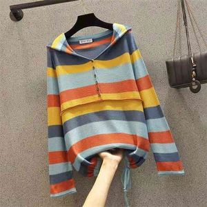 Arrival Spring/autumn Women Loose Casual Long Sleeve Hooded T Shirt All-matched Sweet Cute Striped Cotton T-shirt W40 210512