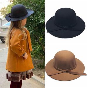 Caps & Hats Vintage Kids Girls Felt Fedoras Hat Solid Color Bowknot Wide Brim Wool Children Floppy Panama Cap