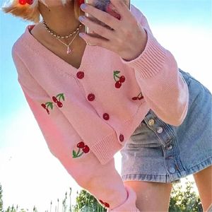 Cardigan Women's coat Winter Autumn Knitted Sweater V-neck Loose Cherry Embroidered knitted Sweater cardigan Jacket 210514
