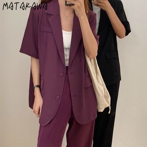 MATAKAWA Women 2 Piece Outfits Lapel Two Buckle Loose Thin Suit Jacket + High Waist Pants Wide Leg Mopping Trousers 210513