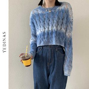 Yedinas Tie-Dye Stickade tröjor för kvinnor Mode Casual Sexig Slim Beskuren Jumpers Knitwear Höst Chic Harajuku Short Pullover 210527