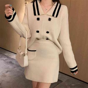 Korean Japanese Casual Höst Vinter 2 Piece Set Kvinnor Beskära Top Pullover Tröja + Hög Midja Bodycon Kjolar Passar Två 210514