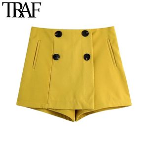 Women Chic Fashion Buttons Decorative Bermuda Shorts Skirts Vintage High Waist Back Zipper Female Skorts Mujer 210507