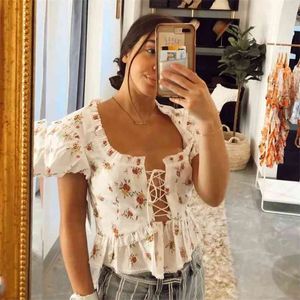 Puff Sleeve White Lace Floral Print Blouse Shirts Women Summer Boho Up Crop Tops Vintage Pelpum Strappy Blusas 210427