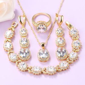 Earrings & Necklace Elegant Wedding Costume Gold Color Bridal Jewelry Sets + Quality White Zircon And Ring Size 6/7/8/9/10