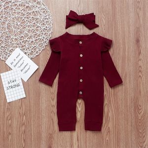 INS Jumpsuits Kleinkind Baby Mädchen Rüschen Strampler mit Haarband gestrickt Blank Ärmel Vorderknöpfe Herbst Neugeborene Kinder Jungen Mädchen Overall 483 K2