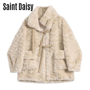 여성용 모피 가짜 SaintDaisy Trim 푹신한 칼라 자켓 여성 겨울 코트 울 2021 플러스 사이즈 의류 화이트 우아한 양털 33715