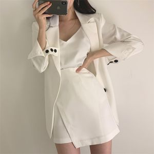Koreanskt chic mode elegant avslappnad blazer kvinnor slim kostym kappa höst blazers jacka kvinnlig notched outwear med bälte 210514