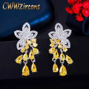 Symetryczny kształt liścia Tassel Water Drop Yellow CZ Topaz Silver Dangle Kolczyki dla kobiet Koreański Party Biżuteria CZ788 210714