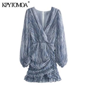 Kpytomoaの女性シックなファッション動物プリント非対称のドレープミニドレスビンテージ長袖フリルの女性ドレスMujer 210706