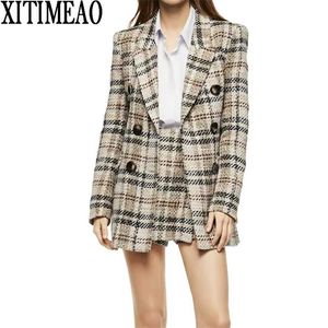 ZA Women Fashion Double Breasted Tweed Check Blazers Coat Vintage Long Sleeve Female Outerwear And High Waist Short Skirt 211019