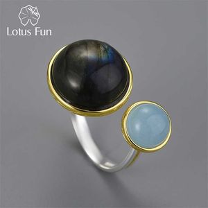 Lotus Fun Real 925 Sterling Silver Natural Labradorite Moonlight Gemstones Ring Fine Jewelry Mysterious Lake Rings for Women 211217