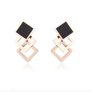 Stainless Steel Rose Gold Black Stone Square Stud Earrings Women Ladies Minimalism Jewellery Gift For Him