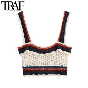 Women Fashion With Ruffles Crochet Knitted Tank Top Vintage Square Collar Wide Straps Female Camis Mujer 210507