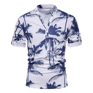 AIOPESON Hawaii Style T-Shirts Men Summer Casual Stand Collar 100% Cotton s T Shirt Fashion High Quality Clothing 210707