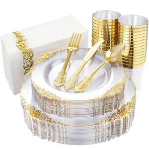 Disposable Dinnerware Tableware Transparent Golden Plastic Tray With Silverware Glasses Birthday Wedding Party Supplies