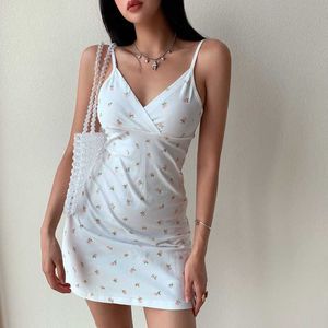 DOT Flowers Girl Like Fresh Printed V-neck Slimming Slim Mini Dress High Waist Street Womens QX07 210603