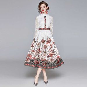 High Quality Autumn winter Women'S Fashion Party Casual Sexy Elegant Chic Mesh Long Sleeve Stitching Print Dress 210531