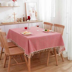 INS Red Plaid Tablecloth Living Room Cotton Linen Dustproof Cabinet Cover Picnic Mat Small Fresh Home Decoration 210626