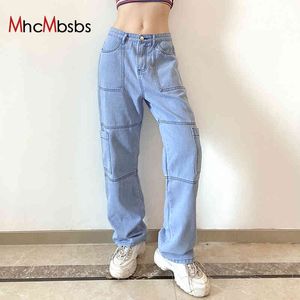 Patchwork Denim Breite Bein Cargo Hosen Für Frauen Hohe Taille Solide Minimalistischen Gerade Jeans Weibliche Mode Y2K Kleidung 210517