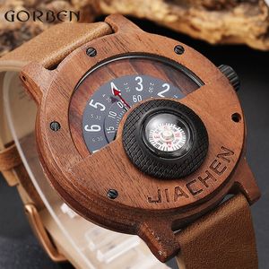 Unique Compass Turntable Number Design Mens Wooden Watch Men Brown Wood Leather Band Creative Natural Wood Wrist Watches Relogio Y19061905