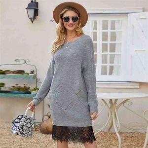 knitted lace sweater dress women casual long sleeve grey straight midi autumn winter basic vestidos 210427
