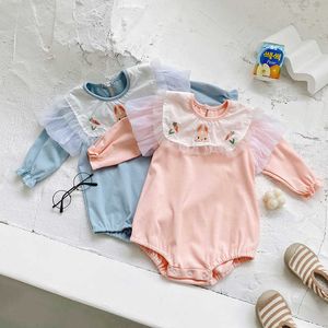 Kore Tarzı Bebek Kız Tavşan Nakış Romper Doğan Sevimli Pamuk Tulum Kore Bebek Sonbahar Tulum Giysileri 210615