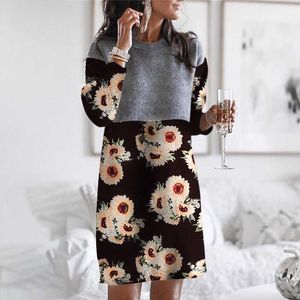 Casual Dresses Women Boho Fashion Gray Contrast Sunflower Top Clothing Dress Womens Pullover O Neck Party Long Sleeve Loose Mini