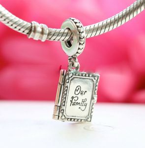 100% 925 Sterling Silver Family Book Dangle Pendant Charm Pead Passar European Pandora Smycken Charm Armband