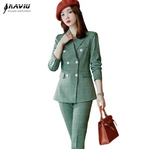 格子縞のスーツの女性秋のハイエンドのファッションの気質ビジネス正式なスリムなブレザーとズボンのオフィスの女性作品の着用210927
