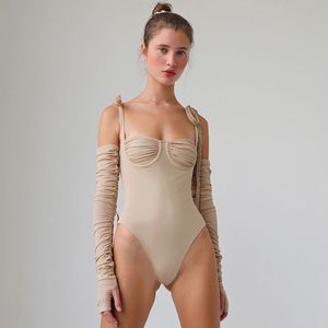 Sexy Bodysuit Женщины Топы Лето Черный Черный Абрикос Галстук Лук Спагетти Ремешок и Рука Рукав Дамы Вскользь Боди 210423